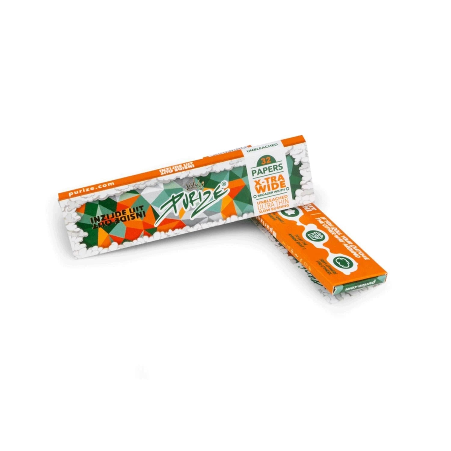 PURIZE Inside Out X-tra Wide Papers, Vorder- und Rückseite mit geometrischem Design, 32 Papers, unbleached, ultra thin, slow burning und PURIZE Logo